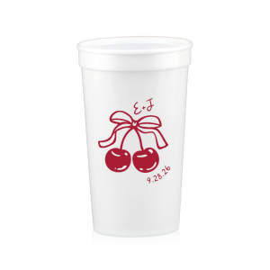 Raise a glass at your next special event with the Cherry Bow Initials Cup! The two cherries are tied together by a bow, reflecting the partnership of you and your sweetheart. Customize the text to make it extra special at your next momentous occasion, be it an engagement, wedding, anniversary or any other celebration of love.
