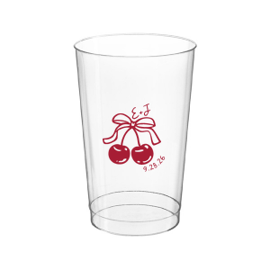 Raise a glass at your next special event with the Cherry Bow Initials Cup! The two cherries are tied together by a bow, reflecting the partnership of you and your sweetheart. Customize the text to make it extra special at your next momentous occasion, be it an engagement, wedding, anniversary or any other celebration of love.