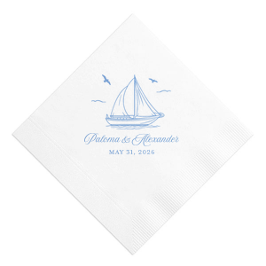 Your next party event will be smooth sailing with the Sailboat Nautical Nuptial Napkin. The hand-drawn design features a scenic coastal view of a sailboat above customizable text. Our customizer makes it easy to personalize the design to best match your unique sense of style.