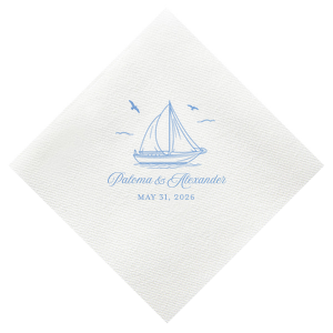 Your next party event will be smooth sailing with the Sailboat Nautical Nuptial Napkin. The hand-drawn design features a scenic coastal view of a sailboat above customizable text. Our customizer makes it easy to personalize the design to best match your unique sense of style.