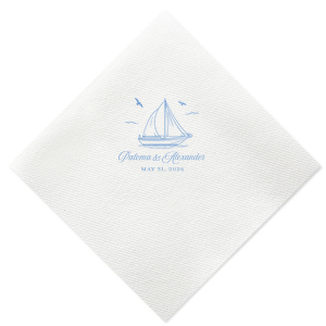 Your next party event will be smooth sailing with the Sailboat Nautical Nuptial Napkin. The hand-drawn design features a scenic coastal view of a sailboat above customizable text. Our customizer makes it easy to personalize the design to best match your unique sense of style.