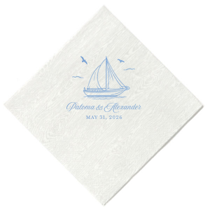 Your next party event will be smooth sailing with the Sailboat Nautical Nuptial Napkin. The hand-drawn design features a scenic coastal view of a sailboat above customizable text. Our customizer makes it easy to personalize the design to best match your unique sense of style.