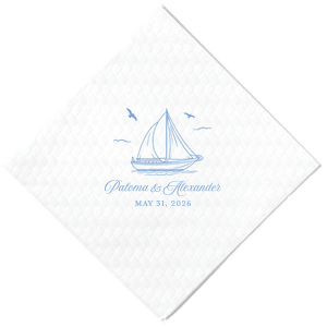 Your next party event will be smooth sailing with the Sailboat Nautical Nuptial Napkin. The hand-drawn design features a scenic coastal view of a sailboat above customizable text. Our customizer makes it easy to personalize the design to best match your unique sense of style.