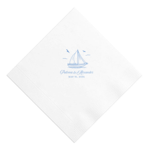 Your next party event will be smooth sailing with the Sailboat Nautical Nuptial Napkin. The hand-drawn design features a scenic coastal view of a sailboat above customizable text. Our customizer makes it easy to personalize the design to best match your unique sense of style.