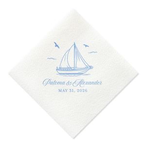 Your next party event will be smooth sailing with the Sailboat Nautical Nuptial Napkin. The hand-drawn design features a scenic coastal view of a sailboat above customizable text. Our customizer makes it easy to personalize the design to best match your unique sense of style.