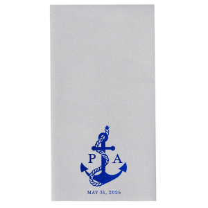 Anchors up for a good time! The Anchor Nautical Nuptial Napkin is a perfect addition to your next special party event. Featuring a foil stamped design of an anchor wrapped in rope above custom text, the design suites well for outdoor occasions and nautical themes.