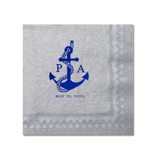 Anchors up for a good time! The Anchor Nautical Nuptial Napkin is a perfect addition to your next special party event. Featuring a foil stamped design of an anchor wrapped in rope above custom text, the design suites well for outdoor occasions and nautical themes.