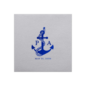 Anchors up for a good time! The Anchor Nautical Nuptial Napkin is a perfect addition to your next special party event. Featuring a foil stamped design of an anchor wrapped in rope above custom text, the design suites well for outdoor occasions and nautical themes.
