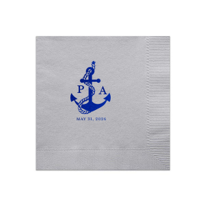 Anchors up for a good time! The Anchor Nautical Nuptial Napkin is a perfect addition to your next special party event. Featuring a foil stamped design of an anchor wrapped in rope above custom text, the design suites well for outdoor occasions and nautical themes.