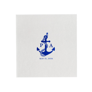 Anchors up for a good time! The Anchor Nautical Nuptial Napkin is a perfect addition to your next special party event. Featuring a foil stamped design of an anchor wrapped in rope above custom text, the design suites well for outdoor occasions and nautical themes.