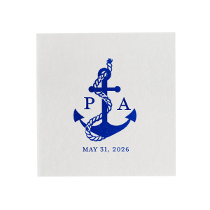 Anchors up for a good time! The Anchor Nautical Nuptial Napkin is a perfect addition to your next special party event. Featuring a foil stamped design of an anchor wrapped in rope above custom text, the design suites well for outdoor occasions and nautical themes.