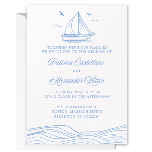 Make waves with the Nautical Nuptial Invitation for your wedding event. The elegant design is foil stamped on high quality card stock complete with all the essential info needed for your momentous occasion. Easily customize the text with your special dates and event details to impart a lasting impression on honored guests.