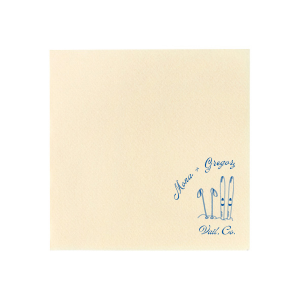 Enjoy the sporty design of the Couples Ski Napkin. Featuring a pair of skis and ski poles next to one another, the design reflects a classic pairing just like you and your significant other! The customizable napkin design is perfect for outdoor or wintertime themed events.