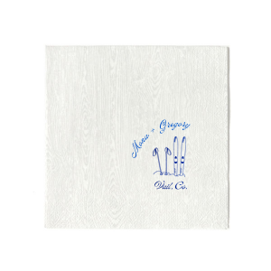 Enjoy the sporty design of the Couples Ski Napkin. Featuring a pair of skis and ski poles next to one another, the design reflects a classic pairing just like you and your significant other! The customizable napkin design is perfect for outdoor or wintertime themed events.