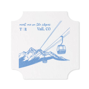 Enjoy the sight of the slopes anywhere with the Meet Me At The Slopes Coaster. The scenic design evokes the natural beauty of wilderness, perfect for sporty or outdoor themed events. Paired alongside customizable text, the design is easy to personalize for your next big party event.