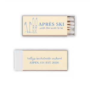 For when you want to celebrate big, the Bride to be Après Matchbox is there for you! The stylish matchbox is perfect for getaway bridal showers or other outdoorsy themed events. With customizable text, the design is easy to personalize to your unique taste, making it a unique party favor or memento. 