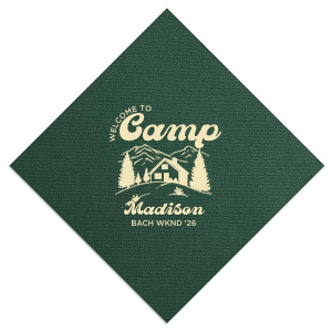 Discover the getaway you're looking for with the Welcome to Camp Bachelorette Napkin. The scenic design is ideal for destination bachelorette events but is suitable for any outdoorsy occasion. Printed on high quality napkins with your choice of color and style, these are sure to make your celebratory party all the more memorable!