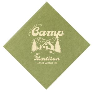 Discover the getaway you're looking for with the Welcome to Camp Bachelorette Napkin. The scenic design is ideal for destination bachelorette events but is suitable for any outdoorsy occasion. Printed on high quality napkins with your choice of color and style, these are sure to make your celebratory party all the more memorable!