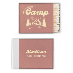 Create a keepsake for your special event the Welcome to Camp Bachelorette Matchbox. The scenic design is ideal for destination bachelorette events but is suitable for any outdoorsy occasion. Perfect for lighting fires or candles, the customizable matchbox design makes for wonderful mementos of your momentous party occasion. 