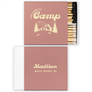 Create a keepsake for your special event the Welcome to Camp Bachelorette Matchbox. The scenic design is ideal for destination bachelorette events but is suitable for any outdoorsy occasion. Perfect for lighting fires or candles, the customizable matchbox design makes for wonderful mementos of your momentous party occasion. 