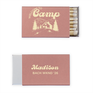 Create a keepsake for your special event the Welcome to Camp Bachelorette Matchbox. The scenic design is ideal for destination bachelorette events but is suitable for any outdoorsy occasion. Perfect for lighting fires or candles, the customizable matchbox design makes for wonderful mementos of your momentous party occasion. 