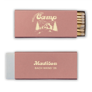 Create a keepsake for your special event the Welcome to Camp Bachelorette Matchbox. The scenic design is ideal for destination bachelorette events but is suitable for any outdoorsy occasion. Perfect for lighting fires or candles, the customizable matchbox design makes for wonderful mementos of your momentous party occasion. 