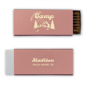 Create a keepsake for your special event the Welcome to Camp Bachelorette Matchbox. The scenic design is ideal for destination bachelorette events but is suitable for any outdoorsy occasion. Perfect for lighting fires or candles, the customizable matchbox design makes for wonderful mementos of your momentous party occasion. 