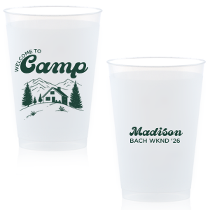 Toast to the good times with the Welcome to Camp Bachelorette Cup. The scenic design is ideal for destination bachelorette events but is suitable for any outdoorsy occasion. The customizable design comes in your choice of style and color to make your momentous party all the more memorable. 