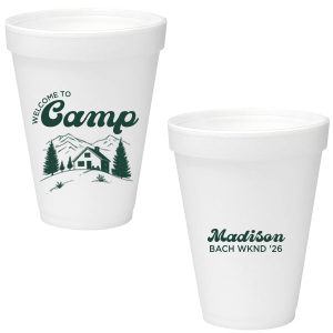 Toast to the good times with the Welcome to Camp Bachelorette Cup. The scenic design is ideal for destination bachelorette events but is suitable for any outdoorsy occasion. The customizable design comes in your choice of style and color to make your momentous party all the more memorable. 