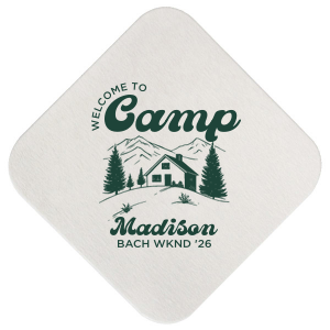 Set the vibes just right with the Welcome to Camp Bachelorette Coaster. The scenic design is ideal for destination bachelorette events but is suitable for any outdoorsy occasion. The customizable coaster comes in your choice of shape and color to make your momentous party all the more memorable. 