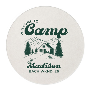 Set the vibes just right with the Welcome to Camp Bachelorette Coaster. The scenic design is ideal for destination bachelorette events but is suitable for any outdoorsy occasion. The customizable coaster comes in your choice of shape and color to make your momentous party all the more memorable. 