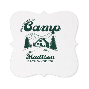 Set the vibes just right with the Welcome to Camp Bachelorette Coaster. The scenic design is ideal for destination bachelorette events but is suitable for any outdoorsy occasion. The customizable coaster comes in your choice of shape and color to make your momentous party all the more memorable. 