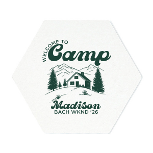 Set the vibes just right with the Welcome to Camp Bachelorette Coaster. The scenic design is ideal for destination bachelorette events but is suitable for any outdoorsy occasion. The customizable coaster comes in your choice of shape and color to make your momentous party all the more memorable. 