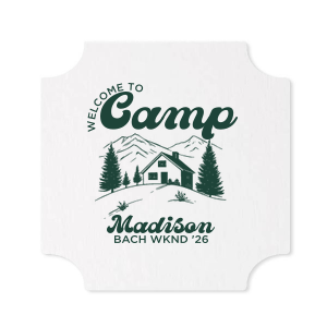Set the vibes just right with the Welcome to Camp Bachelorette Coaster. The scenic design is ideal for destination bachelorette events but is suitable for any outdoorsy occasion. The customizable coaster comes in your choice of shape and color to make your momentous party all the more memorable. 
