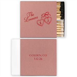 The Heart Locket Matchbox features elegant script lettering with customizable name, date, and location, and a charming ribboned locket illustration for a timeless keepsake feel. Choose it to add a sentimental detail guests will treasure. Great for weddings and anniversaries.