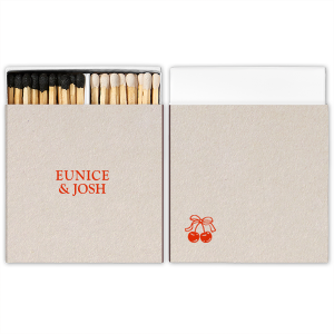 Choose a matchbox as cute as you with the Cherry Pair Matchbox. The simple design features personalized text on the front and a solitary pair of cherries on the backside. Available in your choice of box color and foil stamp color, the product is easy to customize to your liking and match your unique taste.