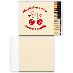 Your next event is sure to be special with the Cherry On Top Matchbox! The cute and stylish matchbox features a cheery pair of cherries and is customizable in a variety of styles and colors, making a lovely souvenir or memento for your next special party occasion.