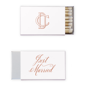 Elevate your celebration with the Linked Initials Wedding Match, a symbol of unity and love. One side gracefully displays "Just Married" in elegant script, while the other side artistically intertwines the couple's initials, representing their linked union. This creative design adds a sophisticated touch to any wedding celebration. 