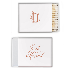 Elevate your celebration with the Linked Initials Wedding Match, a symbol of unity and love. One side gracefully displays "Just Married" in elegant script, while the other side artistically intertwines the couple's initials, representing their linked union. This creative design adds a sophisticated touch to any wedding celebration. 