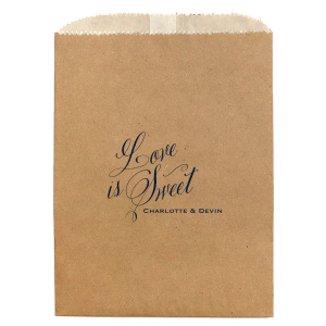 The Sweet Script Favor Bag elegantly marries flourished script with modern block lettering. "Love" and "Sweet" stand out in exquisite script, linked by a bold, modern "is". Below, the couple's names reinforce the message that love truly IS sweet, perfect for parting gifts of treats.