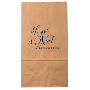 The Sweet Script Favor Bag elegantly marries flourished script with modern block lettering. "Love" and "Sweet" stand out in exquisite script, linked by a bold, modern "is". Below, the couple's names reinforce the message that love truly IS sweet, perfect for parting gifts of treats.