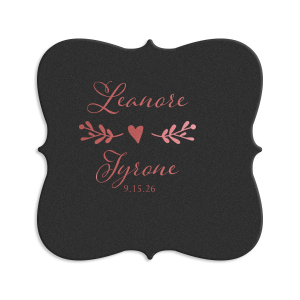 ForYourParty's personalized Eggshell Scallop Coaster with Shiny Rose Quartz Foil has a Twig Flourish graphic and is good for use in Floral and Wedding themed parties and will make your guests swoon. Personalize your party's theme today.