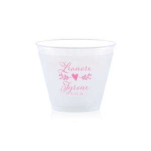 Our custom 9 oz Frost Flex Cup with Matte Pastel Pink Ink has a Twig Flourish graphic and is good for use in Floral and Wedding themed parties and can be customized to complement every last detail of your party.