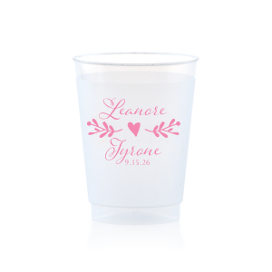Our custom 9 oz Frost Flex Cup with Matte Pastel Pink Ink has a Twig Flourish graphic and is good for use in Floral and Wedding themed parties and can be customized to complement every last detail of your party.