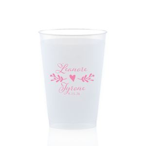 Our custom 9 oz Frost Flex Cup with Matte Pastel Pink Ink has a Twig Flourish graphic and is good for use in Floral and Wedding themed parties and can be customized to complement every last detail of your party.