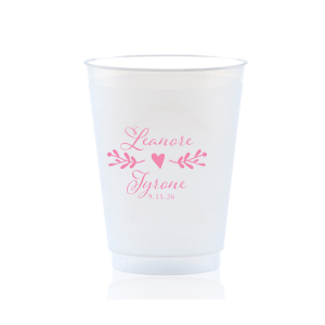 Our custom 9 oz Frost Flex Cup with Matte Pastel Pink Ink has a Twig Flourish graphic and is good for use in Floral and Wedding themed parties and can be customized to complement every last detail of your party.