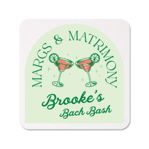 Enjoy the playful and trendy Margs and Matrimony Bachelorette Coaster at your next party event. The colorful design is ink printed on pulp coasters alongside customizable text to personalize your unique occasion. 