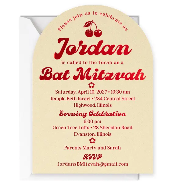 Celebrate special occasions with our delightful Happy Cherry Bar and Bat Mitzvah invitation, designed to perfectly capture the spirit of this joyous event. The invitation features a vibrant cherry motif at the top, symbolizing both sweetness and new beginnings. Personalize the colors of this invitation to match your event color scheme.
