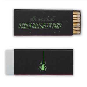 Creep into the spirit with the Spooky Spider Halloween Matchbox. A solitary spider dangles ominously, setting the tone for a spine-chilling soirée. The reverse side offers personalization, ensuring your Halloween event is as unique as it is eerie.