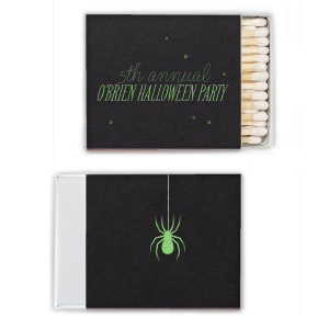 Creep into the spirit with the Spooky Spider Halloween Matchbox. A solitary spider dangles ominously, setting the tone for a spine-chilling soirée. The reverse side offers personalization, ensuring your Halloween event is as unique as it is eerie.